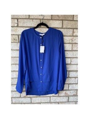 Calvin Klein Womens Long Sleeve Button-Up Blouse Royal Blue L Polyester